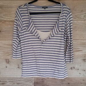 Claudia Strater Tan and Gray Striped Linen Henley Size 40 (Medium)